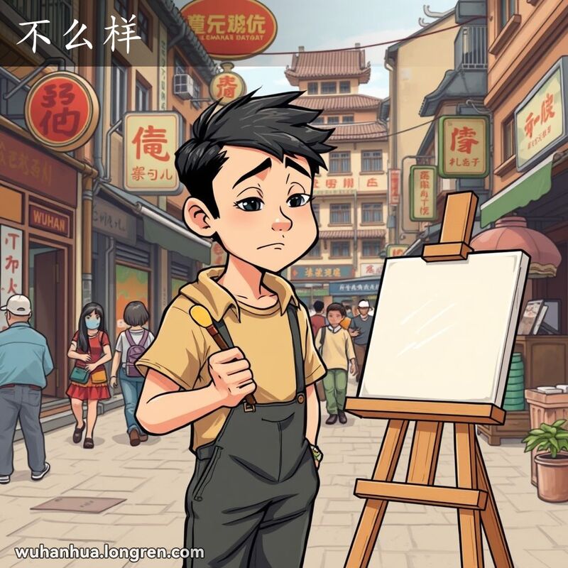 一位年轻人站在武汉老街的画架前，手持画笔，望着自己的画作，露出“不么样”的表情，背景是热闹的街景。