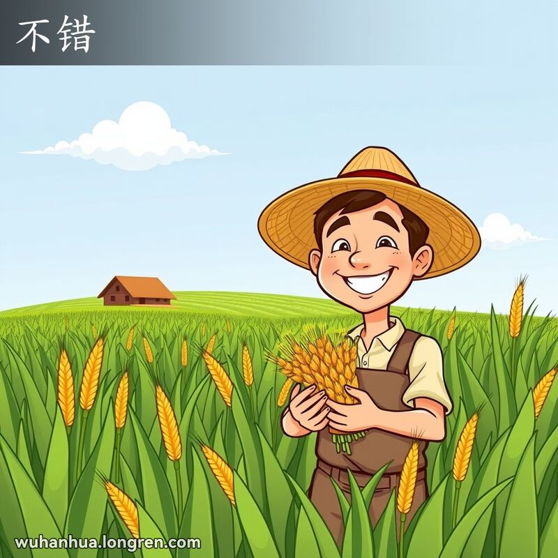 一位农民站在丰收的田野中，手捧粮食，脸上露出满意的笑容，背景是蓝天白云和农舍。