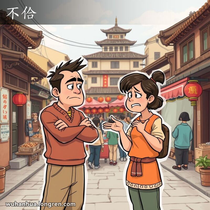 两个人在武汉街头对峙，表情和动作显示他们不和谐，背景是老建筑和热闹的市场