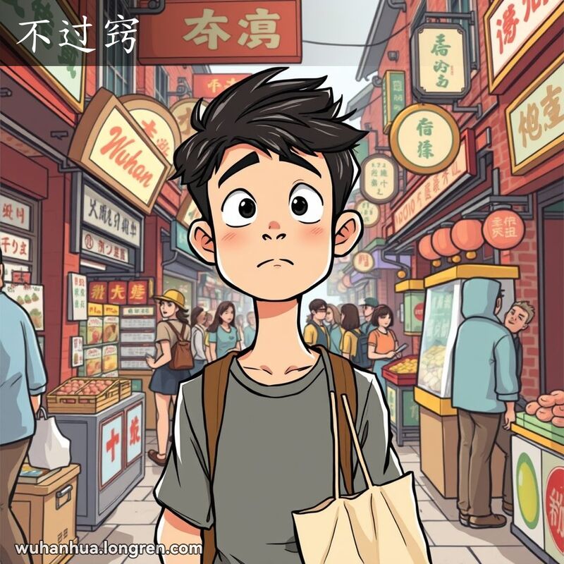 一位年轻男子在武汉街头市场中，手持购物袋，露出困惑的表情，背景是繁忙的市场景象