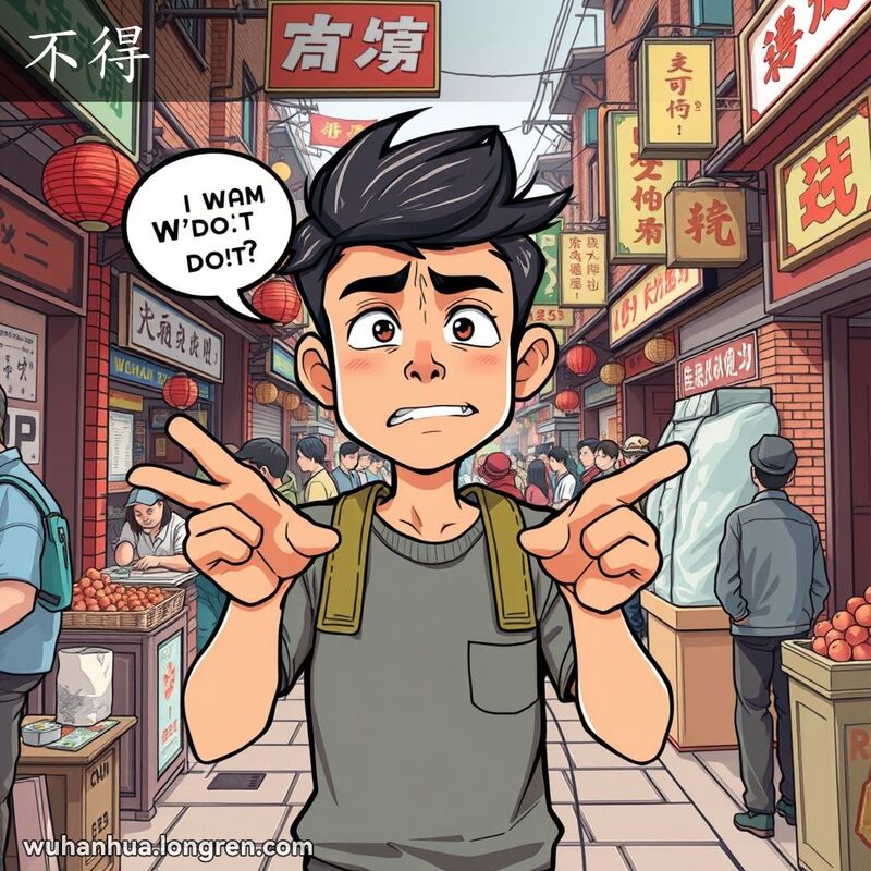 一位年轻男子在武汉街市中，表情坚定而略显恼怒，背景是热闹的街市和传统摊位