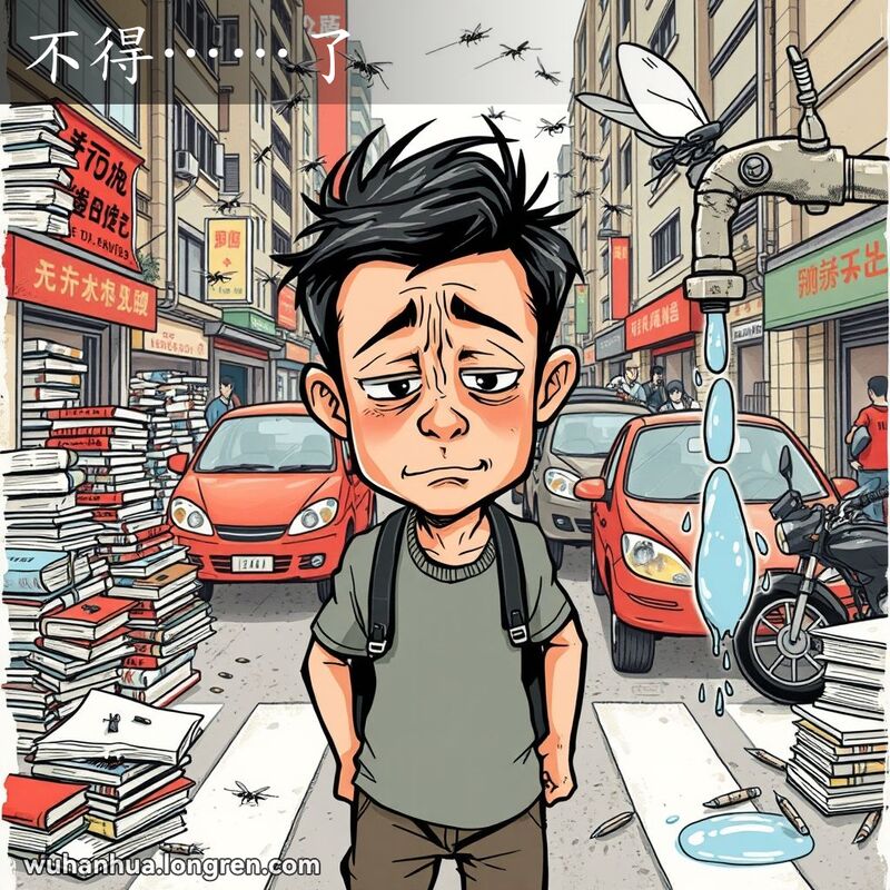 一个人在武汉街头试图穿过马路但被车流阻挡，背景有散落的书籍、蚊子和滴水的水龙头，表现出无奈和沮丧的情绪。