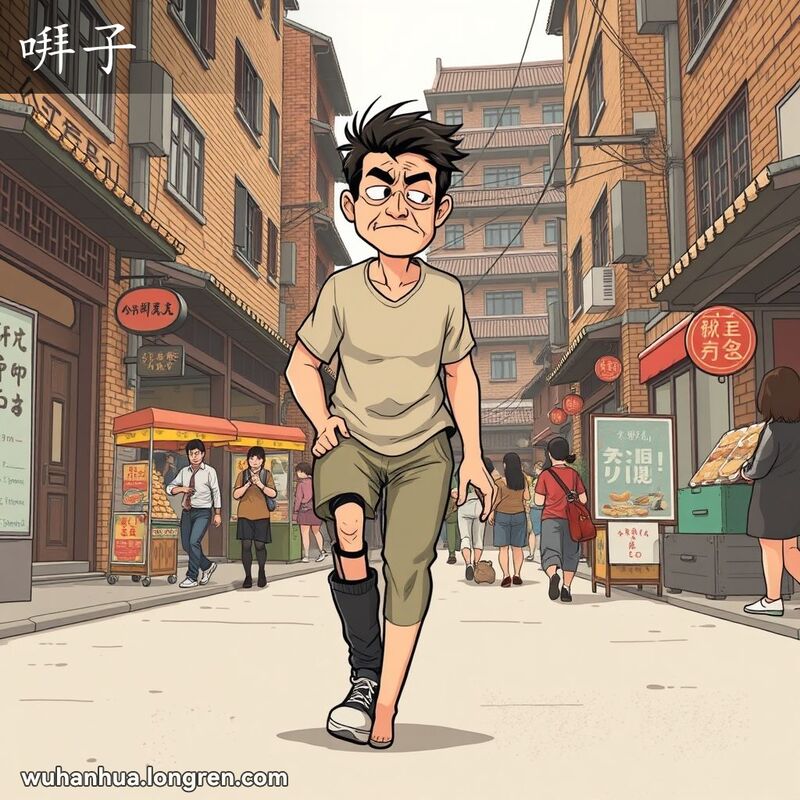 一位行走困难的人在武汉街头，背景是繁忙的老街景
