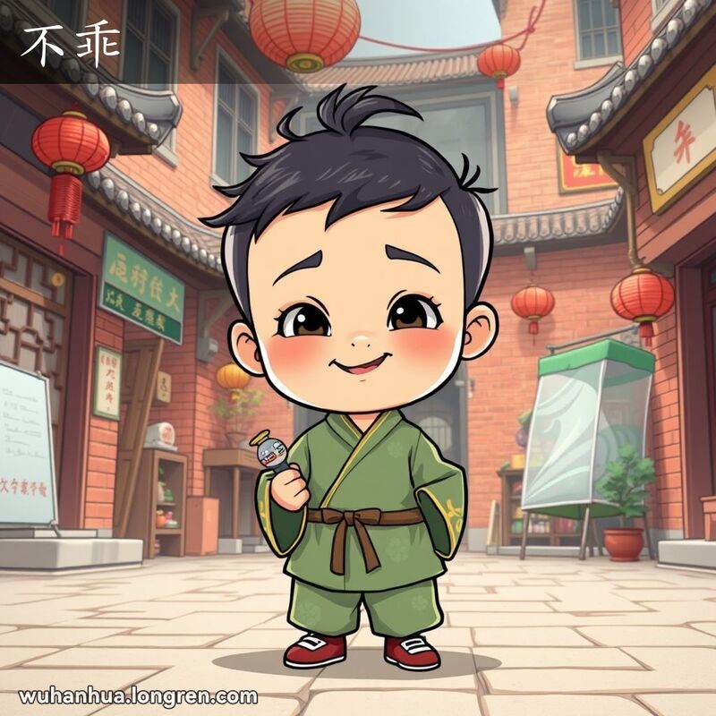 一位穿着传统中国服装的小孩，手持玩具，站在武汉老街的庭院中，脸上带着调皮的笑容，表现出不听话、吵闹的样子。