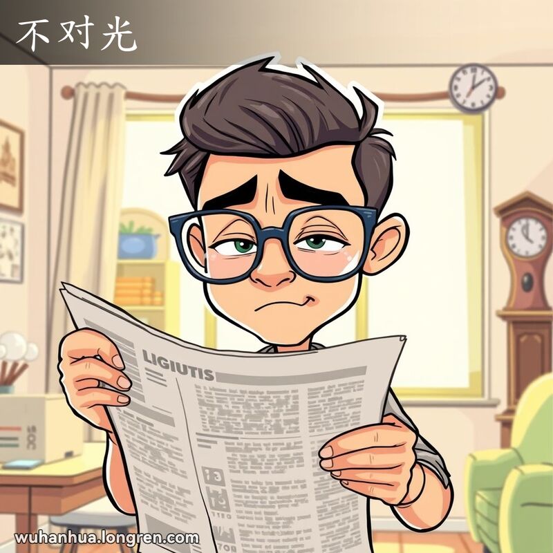 一位戴着厚眼镜的男子在明亮的房间里，眯着眼睛看报纸，表情困惑，体现“不对光”的意思。
