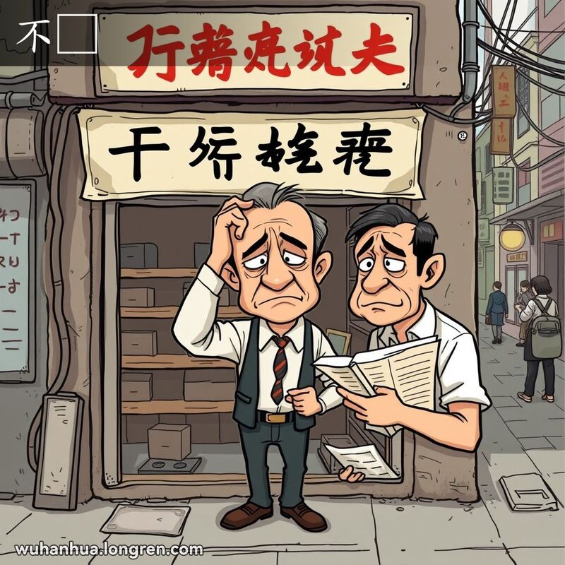 一位武汉商人站在他经营不佳的小店前，皱眉看着账本，背景是安静的武汉老街