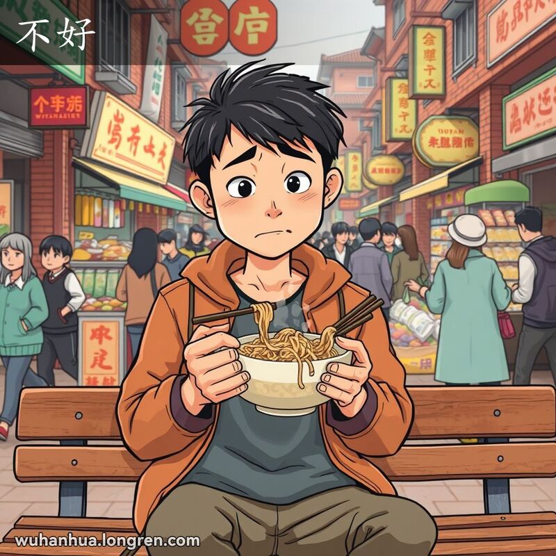 一位年轻的武汉市民坐在街头市场长椅上，手持一碗不诱人的面条，脸上露出失望和不满的表情，背景是武汉传统的街头市场。