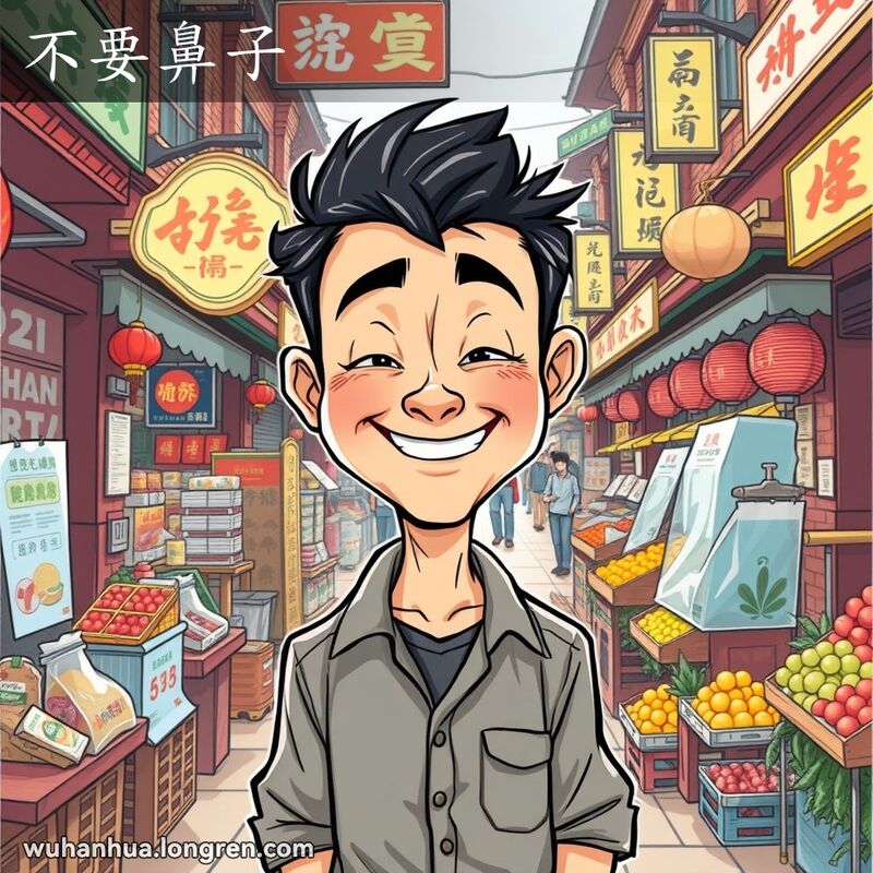 一位男子在武汉街头市场中露出调皮笑容，背景是热闹的市场和传统建筑，表达“不要鼻子”的戏谑含义。