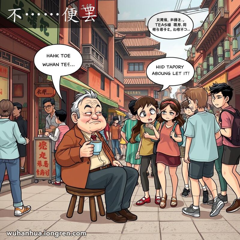 一位中年男子在武汉街头茶馆前被年轻人挑逗，表情烦躁，背景是武汉老街景
