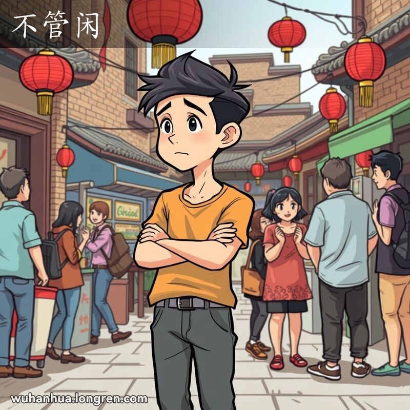 一位年轻男子站在武汉街头，背对着热烈讨论的人群，表现出“不管闲”的态度，背景是武汉老街景。