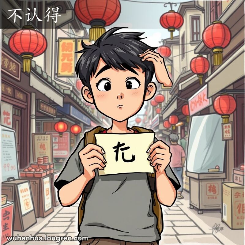 一位年轻的武汉市民站在街市中，手持写有汉字的纸，露出“不认得”的表情，背景是武汉老街景
