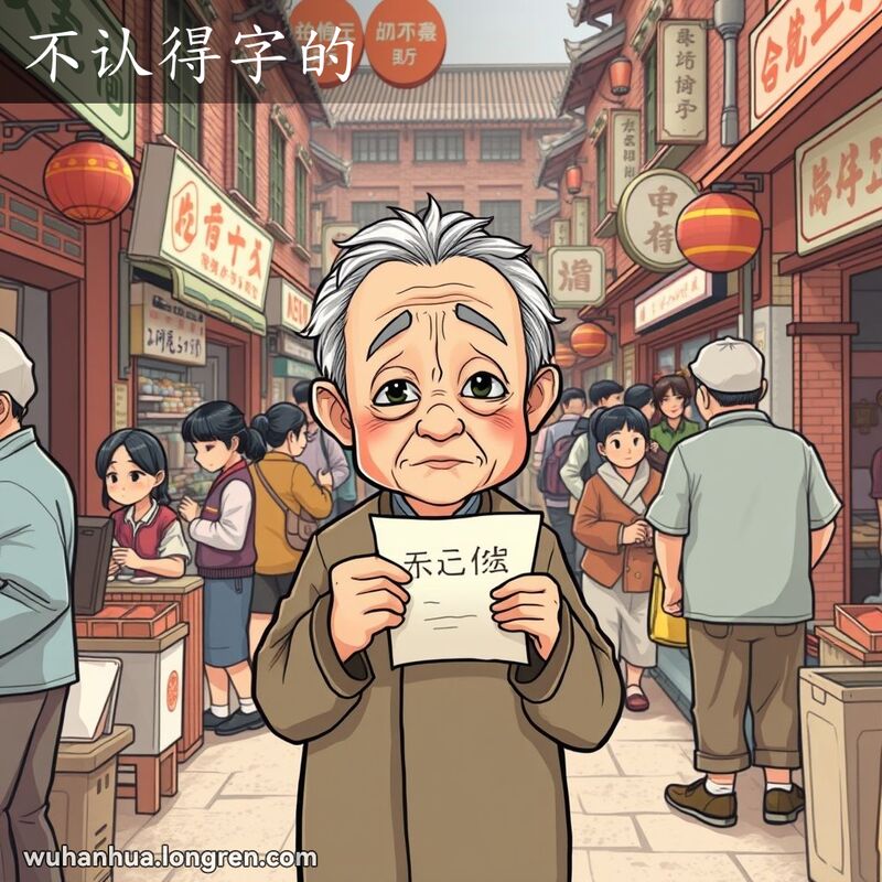 一位武汉老人站在市场中，手持无法辨认的文字纸张，露出困惑和尴尬的表情，背景是武汉老街景