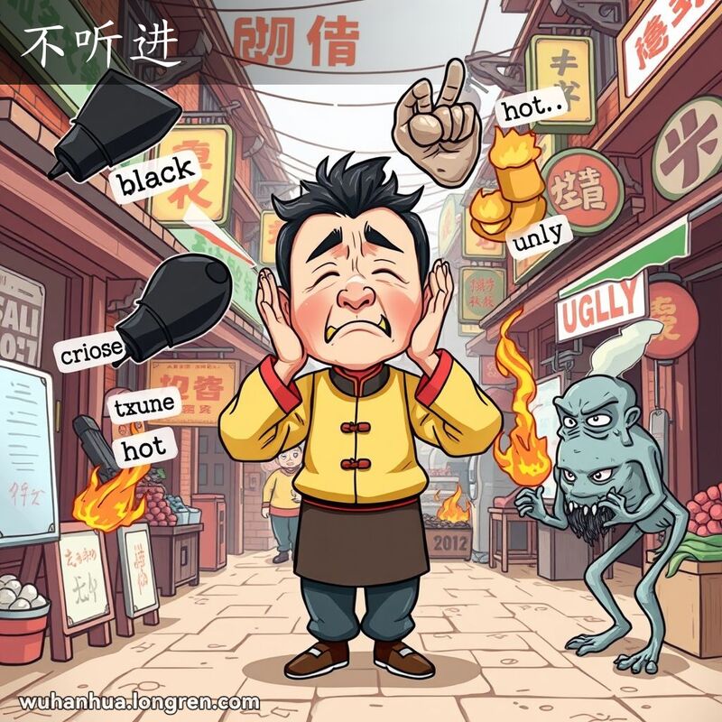 一位武汉男子在市场中捂住耳朵，表情夸张，周围有极端的黑色、弯曲、热浪和丑陋生物，背景是武汉老街景