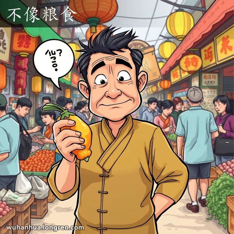 一位武汉男子在市场中手持奇形怪状的物品，露出困惑和幽默的表情，背景是热闹的市场场景。