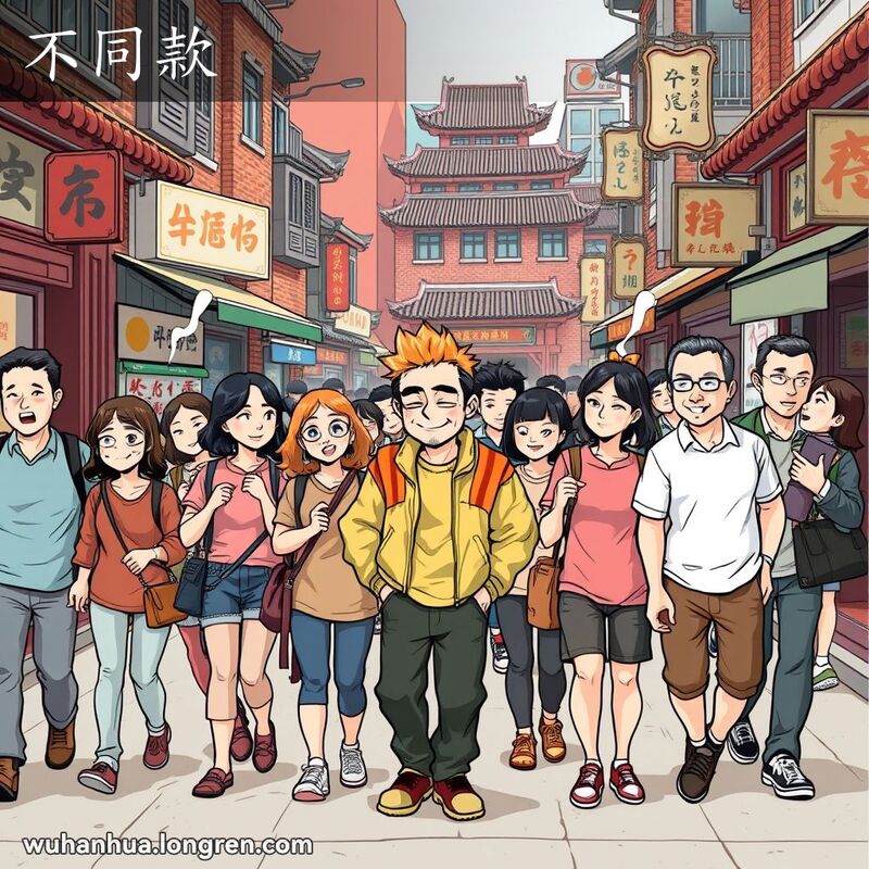 一群武汉市民在街头行走，其中一人穿着与众不同的奇装异服，表情自信但略显夸张，其他人则以困惑和嘲讽的眼光看着他，背景是武汉的老街景