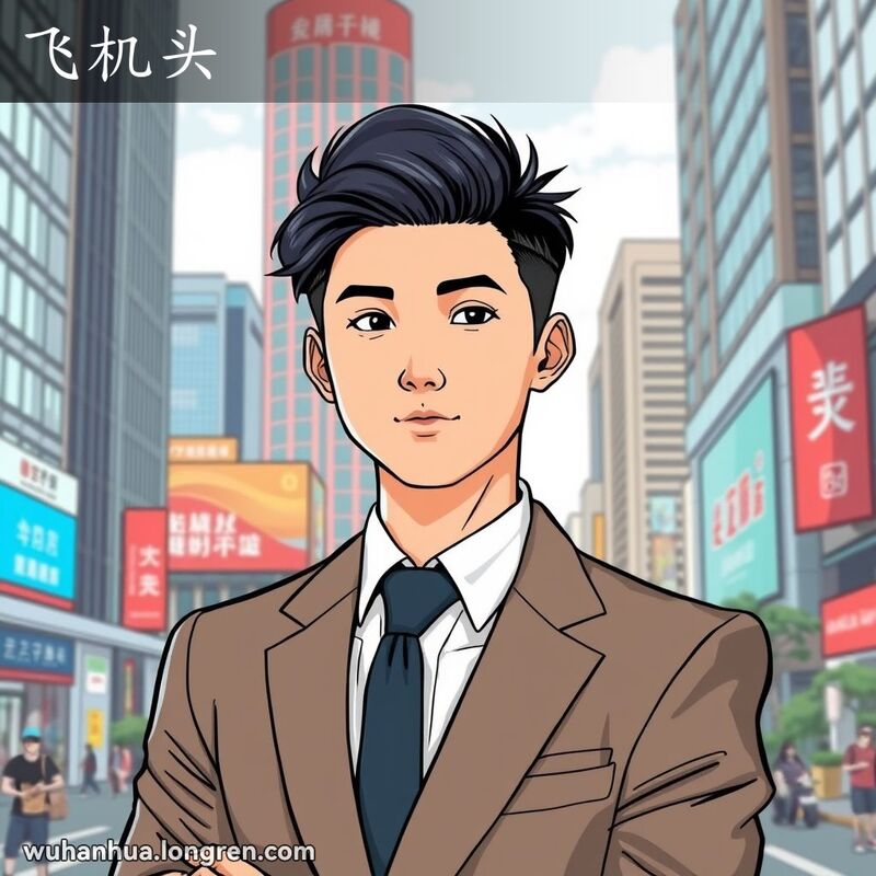 一位穿西装的武汉年轻人展示“飞机头”发型，背景是现代城市景观