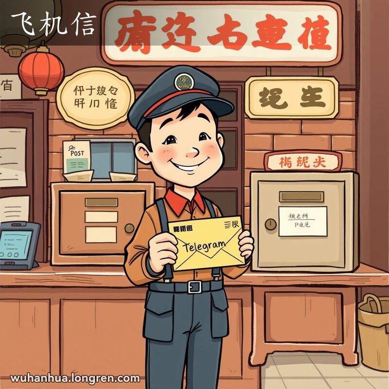 一位邮递员在老邮局柜台前手持电报信封，背景是武汉老街景