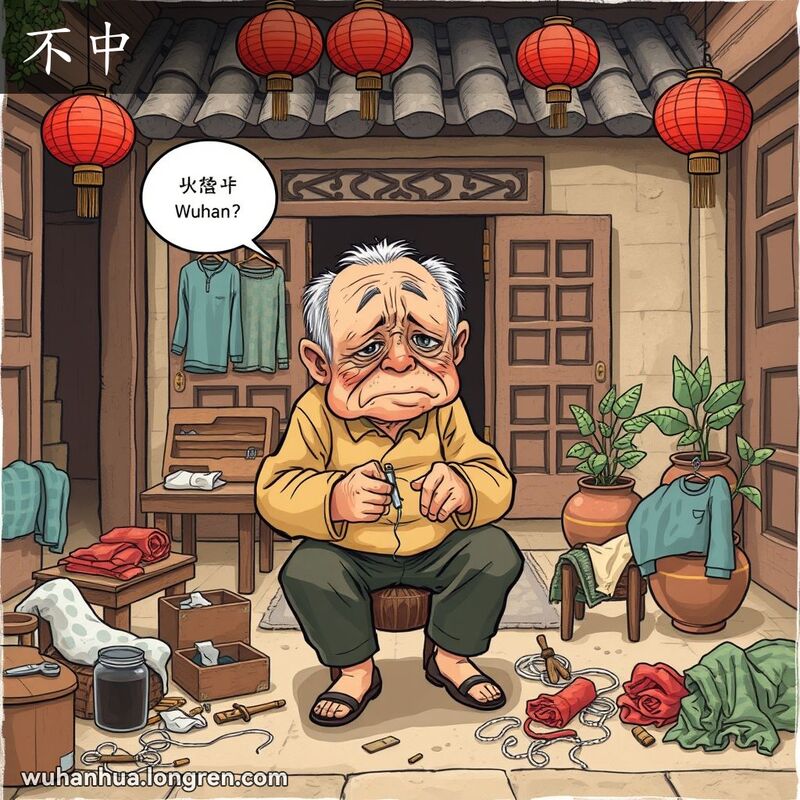 一位老人坐在武汉老房子的庭院中，手持针线，神情疲惫且失望，背景有木门、红灯笼和盆栽。