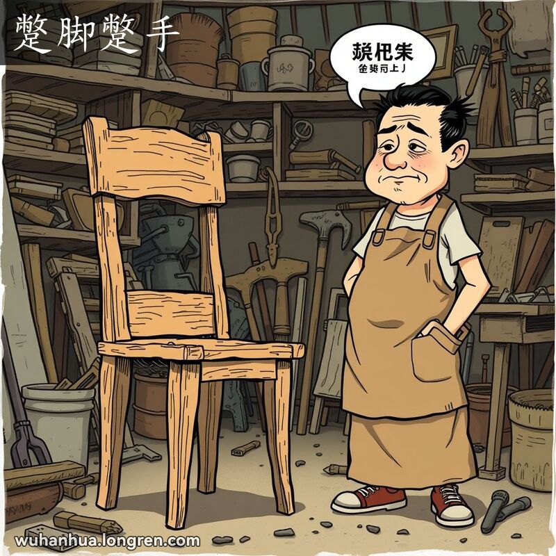 一个工匠在杂乱的工作坊里，看着制作粗糙的木椅子，露出失望的表情，背景是旧式的工作坊