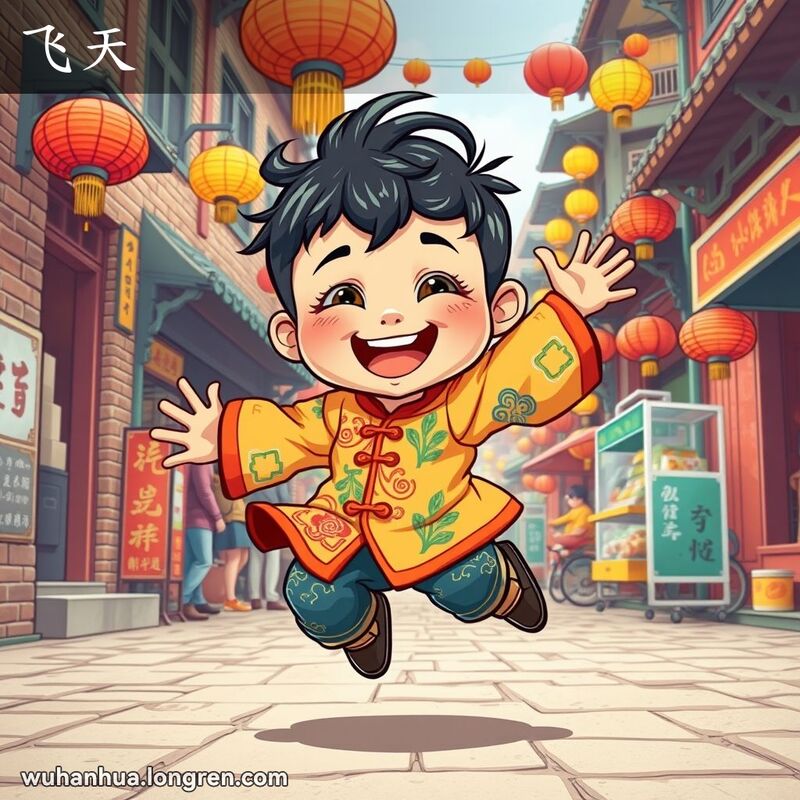 一位武汉小孩在街头嬉戏，表情顽皮，背景是传统的武汉街景