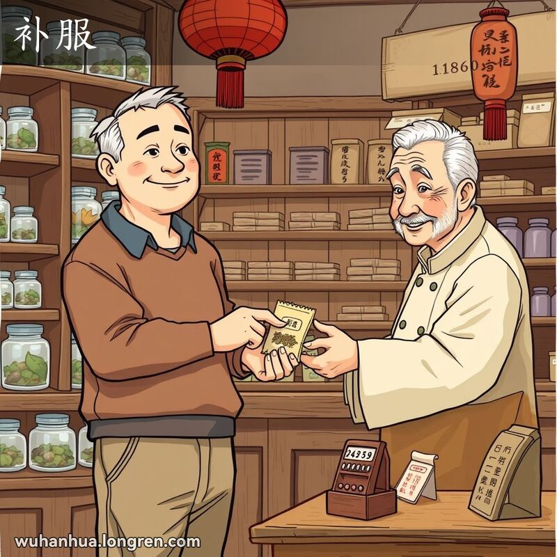 一位中年男子在武汉中药店里手持草药，脸上带着感激的表情，店主微笑着递上草药，背景有中药罐和红灯笼