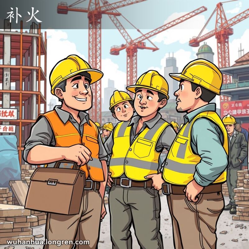 武汉建筑工地上，工人们在讨论如何弥补未完成的建筑工作，背景有脚手架和起重机。