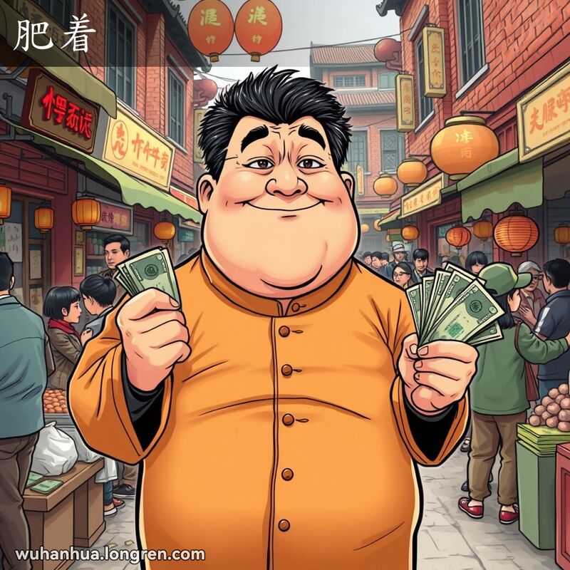 一位中年男子在武汉市场中手持大叠钞票，脸上带着满意的笑容，背景是热闹的市场场景