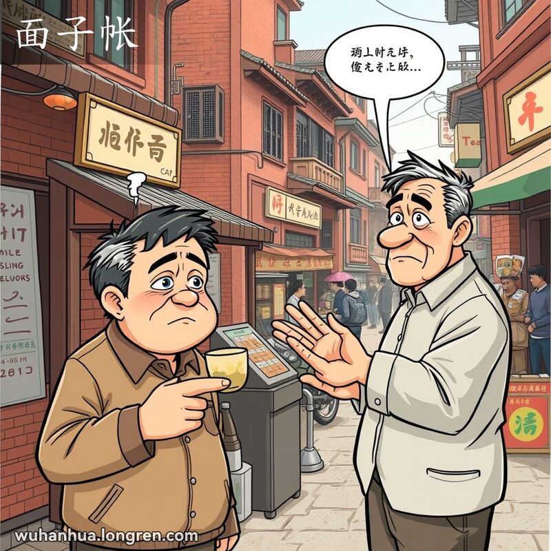 两位中年男子在武汉老街茶摊前交谈，一人勉强答应另一人的请求，表现“面子帐”的情面攸关。