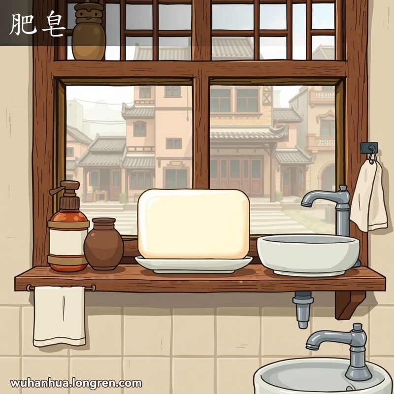 复古洗手间里的大肥皂块，旁边有洗脸盆和毛巾，窗外是武汉街景