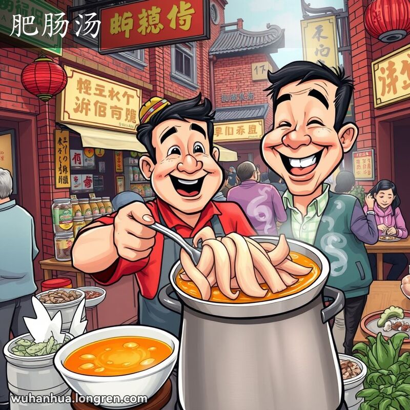武汉街头市场，摊贩在舀肥肠汤，背景是红砖墙和老式招牌