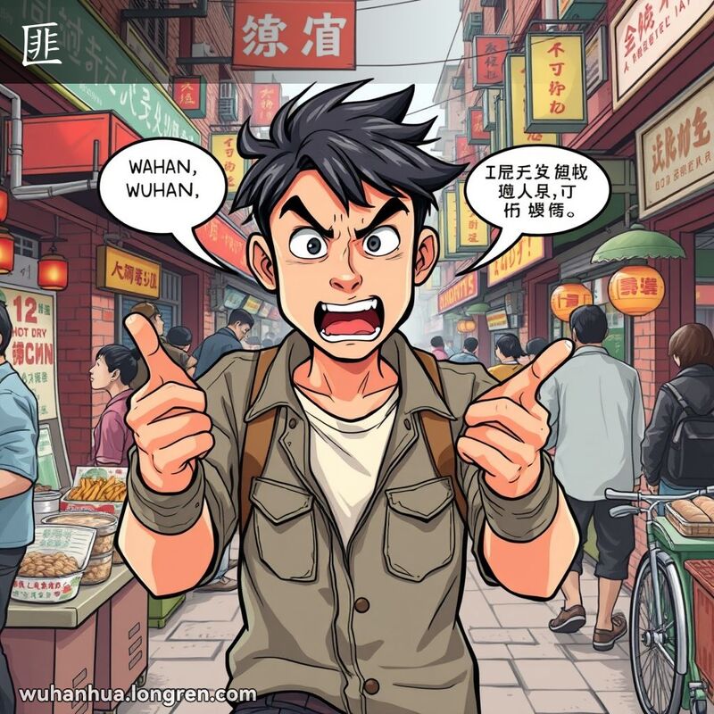 一位年轻男子在武汉街头市场中，动作夸张，言辞激烈，显得鲁莽不经思考，背景是热闹的市场。