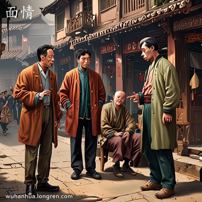 两位朋友在武汉老街上对话，中年男子指责年轻男子，表情严肃，背景有小摊贩和旧式招牌。