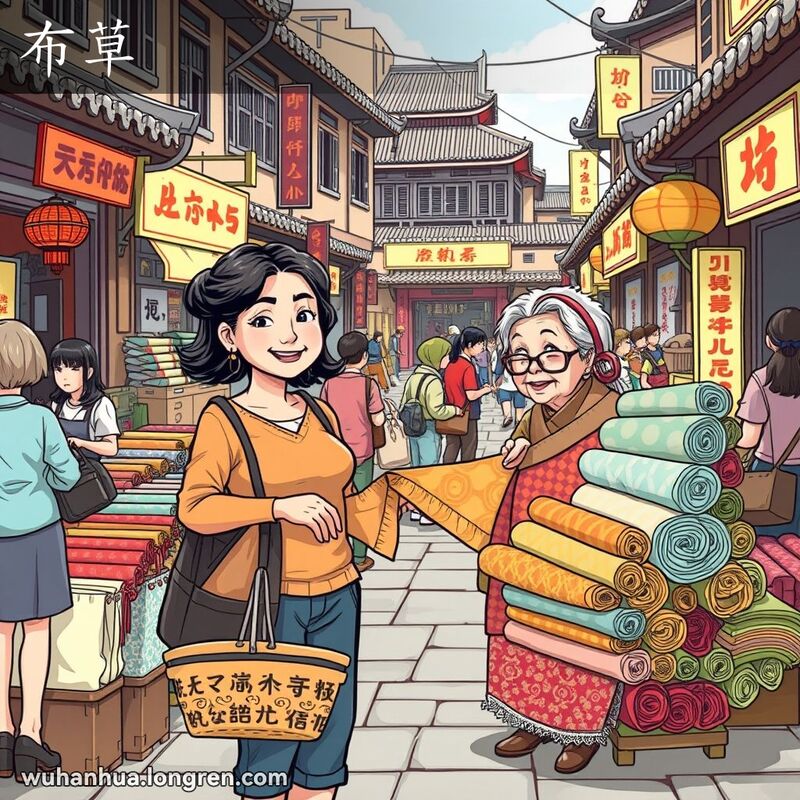 一位中年妇女在武汉传统市场的布匹摊前购物，摊主展示布匹，背景是热闹的市场