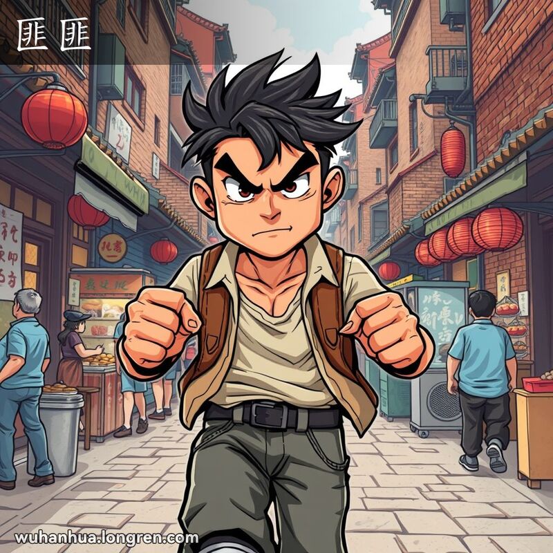 一位年轻男子在武汉街头快步行走，表情凶狠坚定，背景是武汉传统街景