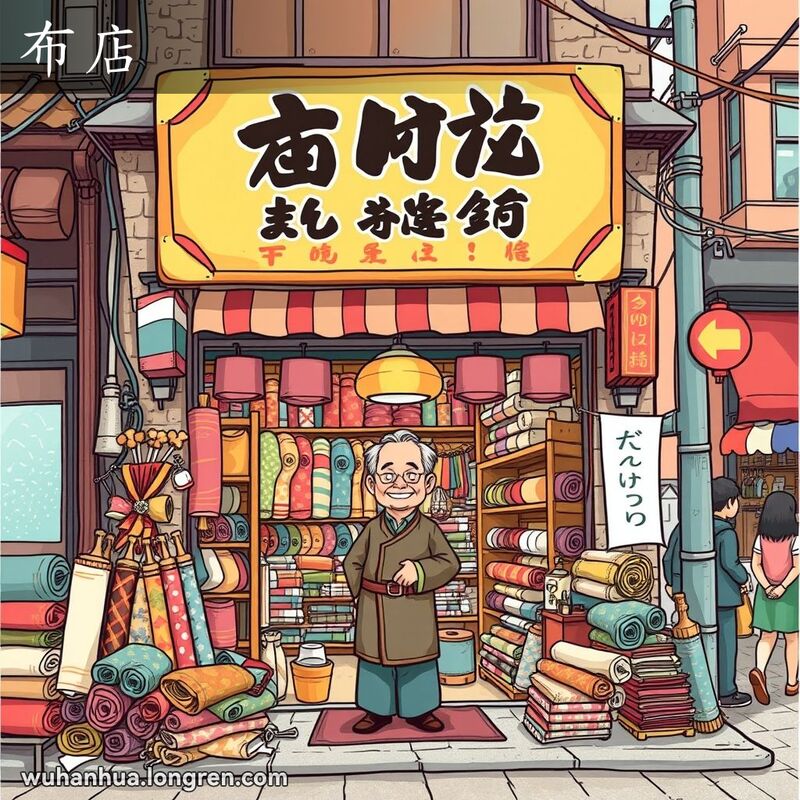 武汉老街上一家传统布店，店主站在门口迎接顾客，背景是热闹的老街景象