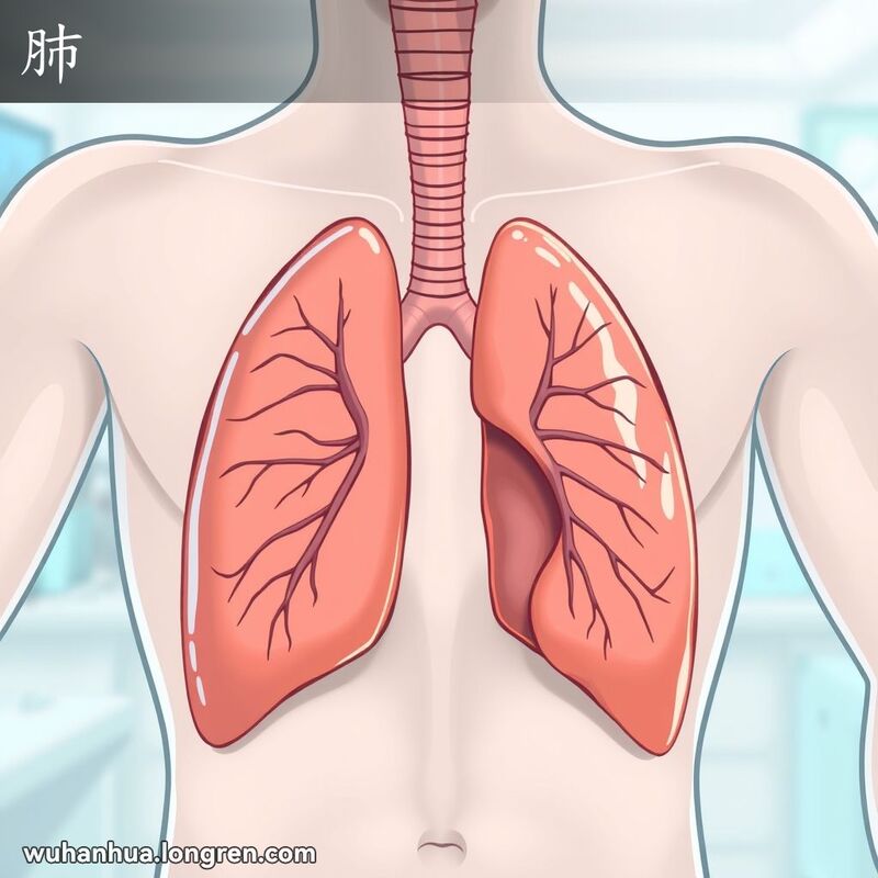 人体胸腔内的肺部结构图，左右肺清晰可见，背景色调柔和，带有蓝色和白色的医学主题