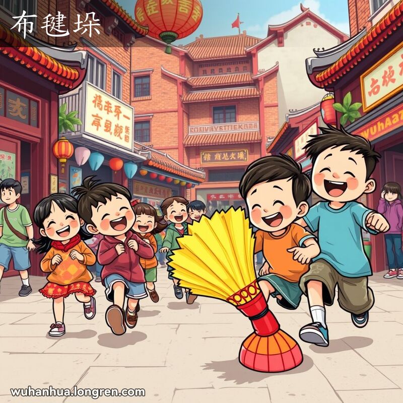 一群孩子在武汉老街玩耍毽子，背景是传统建筑和红砖墙