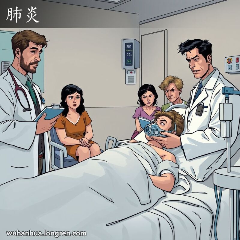 一位患者躺在医院病床上，戴着氧气面罩，医生和家属在旁，画面严肃