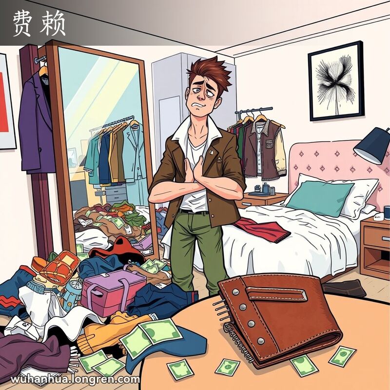 一位年轻男子在镜子前试穿昂贵衣服，地上散落大量衣物，桌上有空钱包，表现“费赖”的情景。