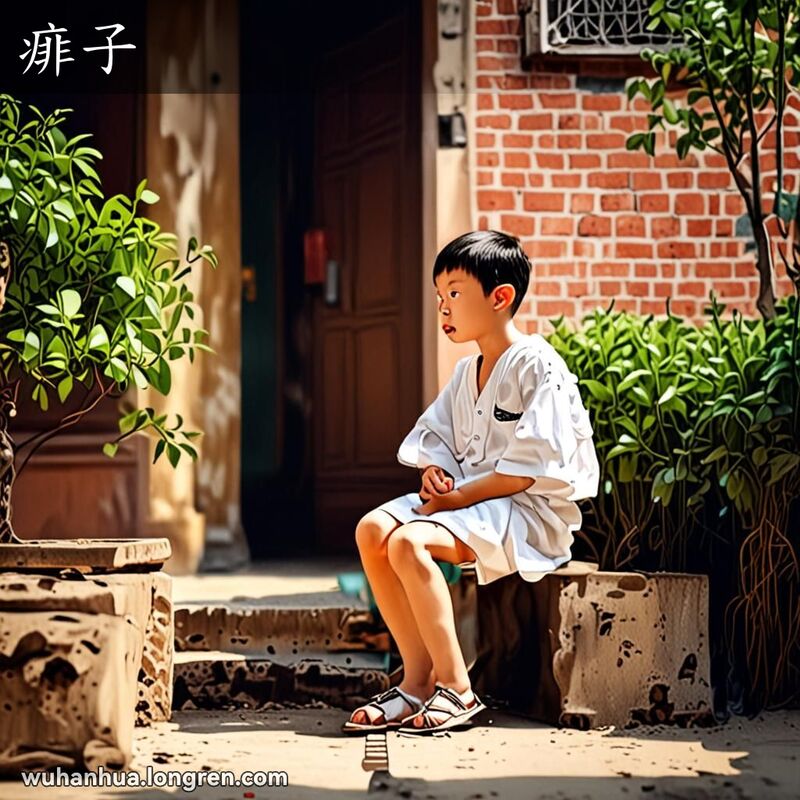 一个孩子坐在武汉庭院的凳子上，挠着手臂上的痱子，背景是武汉老街景