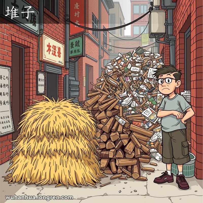 武汉巷子里有草垛、柴火堆和垃圾堆，一位居民站在旁边，背景是红砖墙和老式招牌。