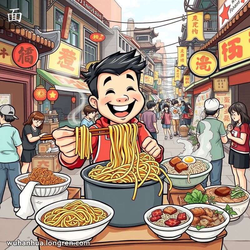 武汉街头面条摊，摊主手持一碗热气腾腾的面条，背景有各种面条和其他小吃摊