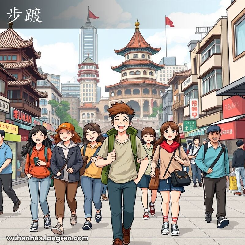 一群人在武汉街头悠闲步行，背景有黄鹤楼和长江大桥，街道两旁是小店铺和行人。