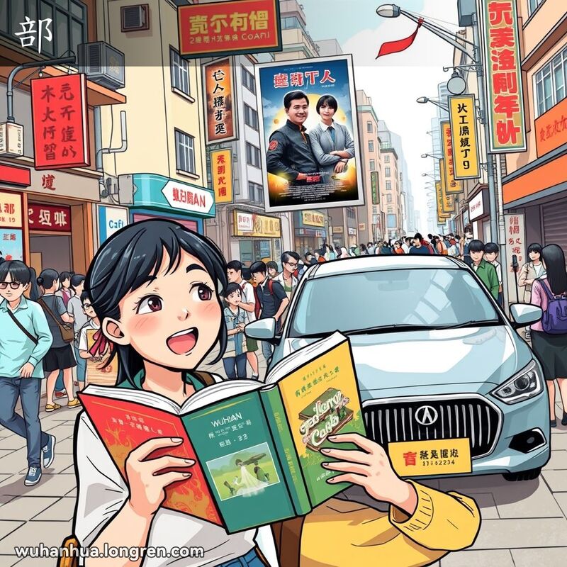 武汉街头，一位女子手捧书籍，一位男子站在汽车旁，背景有电影海报，展现武汉市井生活。