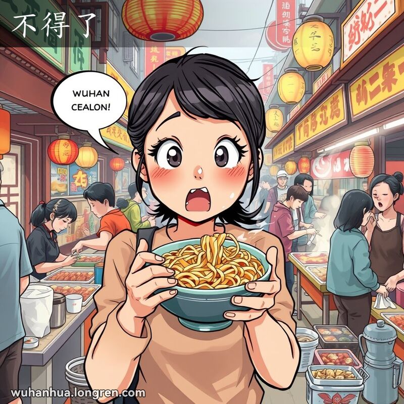 一位年轻女子在武汉街头小吃摊前，手持一碗热气腾腾的面条，表情夸张地赞叹“不得了”，背景是繁忙的武汉街市