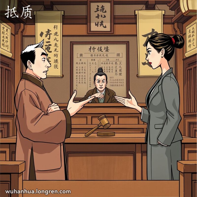 两名当事人在传统中国法庭上面对面质问，法官手持法槌，背景有古色古香的文书和毛笔