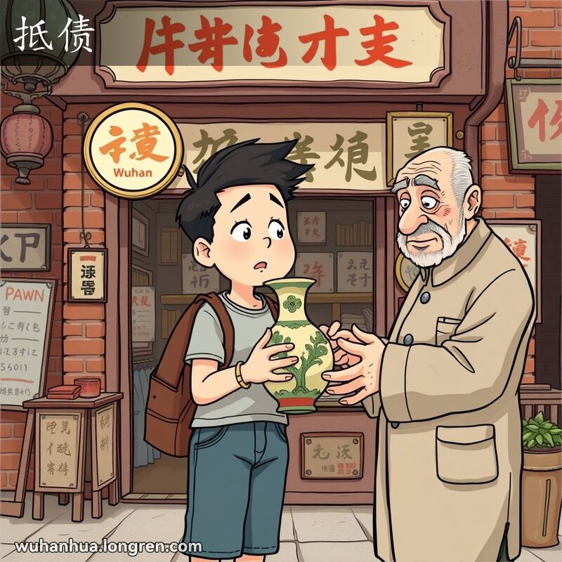 一位武汉市民在当铺前用古董花瓶抵债，背景是武汉老街景