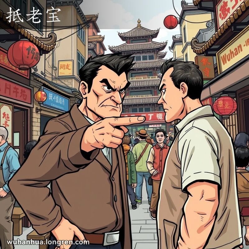 一位武汉男子在街头指责对方，背景是武汉老街景