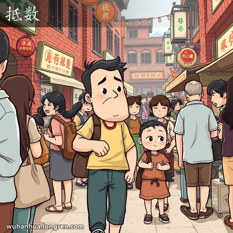 一位武汉市民带着小孩走向一群人，表情无奈，背景是武汉传统市场