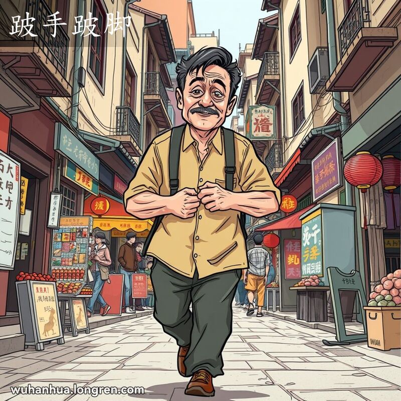一位中年武汉男子在街上行走，步态不稳，手臂不自然，表情坚定但略带痛苦，背景是武汉老街景